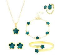 FDEETY Set di Gioielli da Donna 5 Pezzi Lega Fiore Fortunato Anello Orecchini Bracciali Collana Ideale per Regali, Occasioni Speciali E Donne（verde）