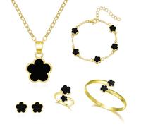 FDEETY Set di Gioielli da Donna 5 Pezzi Lega Fiore Fortunato Anello Orecchini Bracciali Collana Ideale per Regali, Occasioni Speciali E Donne（nero）