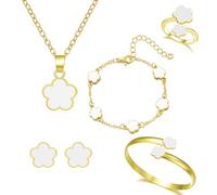 FDEETY Set di Gioielli da Donna 5 Pezzi Lega Fiore Fortunato Anello Orecchini Bracciali Collana Ideale per Regali, Occasioni Speciali E Donne（Bianco）