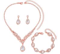 FDEETY Set di Gioielli da Sposa Elegante e Splendente Nuziale Zircone Collana Orecchini Braccialetto Pendenti Set per Matrimonio Banchetto Party (Oro Rosa)
