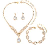 FDEETY Set di Gioielli da Sposa Elegante e Splendente Nuziale Zircone Collana Orecchini Braccialetto Pendenti Set per Matrimonio Banchetto Party (Oro)