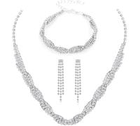 FDEETY Set di Gioielli da Sposa Elegante e Splendente Nuziale Zircone Collana Orecchini Braccialetto Pendenti Set per Matrimonio Banchetto Party (Argento-1)