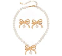 FDEETY Set di Gioielli Natalizi per Donna Set Collana e Orecchini con Perle e Fiocco Elegante Set di Gioielli per Feste e Celebrazioni