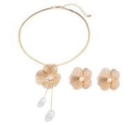 FDEETY Set Gioielli Fiore Petali Collana Girocollo Orecchini Perla Centrale Elegante Parure Donna