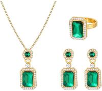 FDEETY Set Gioielli Smeraldo Rettangolare Collana Orecchini Anello Cristallo Brillante Parure Donna Elegante Lusso Cerimonia