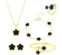 FDEETY Set Gioielli Trifoglio Collana Bracciale Orecchini Anello Braccialetto Placcato Oro Elementi Neri Decorativi Donna Ragazza