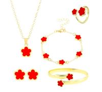 FDEETY Set Gioielli Trifoglio Collana Bracciale Orecchini Anello Braccialetto Placcato Oro Elementi Neri Decorativi Donna Ragazza