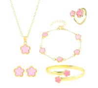 FDEETY Set Gioielli Trifoglio Collana Bracciale Orecchini Anello Braccialetto Placcato Oro Elementi Neri Decorativi Donna Ragazza