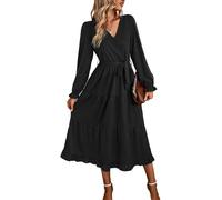 FDEETY Vestiti da Donna Elegante Abito a Maniche Lunghe Vestito Scollo V Abiti con Volant e Vita Alta Casual Party Abito (Nero,S)