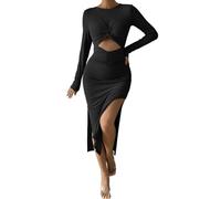 FDEETY Vestito Donna Eleganti con Maniche Lunghe con Spacco Moda Abito Sottile Vintage Party Cocktail Cerimonia Formale Abiti (Nero,L)