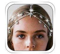 Fdesigner Catena per capelli a forma di stella, in argento, stile boho, con cristalli, accessorio per capelli da donna, per matrimoni, festival, con strass