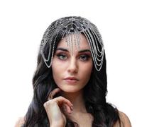 Fdesigner Copricapo con strass, stile vintage, con catena per capelli da sposa, accessorio per capelli Gatsby da donna, Free Size, Strass