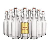 FDG - Bottiglia per acqua in vetro vuote 1 L - Set da 12 Bottiglia Costolata in Vetro con Tappo Ermetico 1 L - Bottiglie da tavola stile vintage ed elegante - Bottiglie per acqua frizzate e naturale