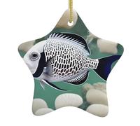 FDGBNM Albero di Natale da appendere in ceramica a forma di pesce tropicale bianco. Stampa su entrambi i lati, corda dorata, perfetto per decorazioni e regali per le vacanze.