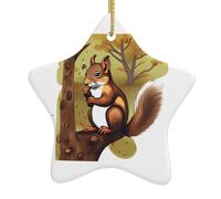 FDGBNM Albero di Natale da appendere in ceramica con scoiattolo che mangia noci. Stampa su entrambi i lati, corda dorata, perfetta per decorazioni e regali per le vacanze.