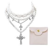 FDGGT 1 Collana di Perle E 1 Sacchetto di Gioielli, Collana con Ciondolo A Croce, Collana A Strati, Bigiotteria