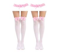 FDGGT 2 Paia Di Calzini Rosa Sopra Il Ginocchio E 2 Anelli Per Le Gambe In Pizzo Rosa, Calzini Con Fiocco Da Donna, Calzini Da Donna Carini, Accessori Di Abbigliamento