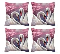 FDHFEJUAD Set di 4 federe per cuscino con cigni bianchi con albero floreale rosa, set di 4 federe per cuscino, cuscino quadrato, cuscino per sedia, federa decorativa