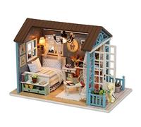 Fdit Mini Casa delle Bambole Assemblata Artigianale con Luci a LED per gli Amanti delle Arti e dei Mestieri - Modello di Cabina Fai-da-te, Perfetta per Bambini Dagli 8 Anni in su (Sen Blue Time Base)