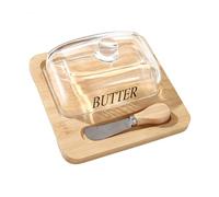 Fdit Piatto Portaburro con Coperchio in Vetro e Vassoio in Legno, Grande Contenitore per Burro e Crema di Formaggio, Include Taglierino in Legno (Colore del legno)