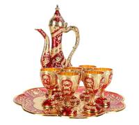 Fdit Set di tè Turco, Teiera in Lega di Zinco da 7 Pezzi con 6 Tazze di Vassoio, Set da caffè in Metallo Vintage per Adulti Arredamento per la Casa (Rosso oro)