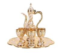 Fdit Set di tè Turco, Teiera in Lega di Zinco da 7 Pezzi con 6 Tazze di Vassoio, Set da caffè in Metallo Vintage per Adulti Arredamento per la Casa (bianco oro)