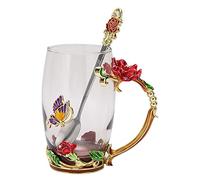 Fdit Tazza da tè con Fiore Smaltato 3D Tazza da caffè da Bevanda per Bicchieri con Cucchiaio e Panno per il Regalo di Nozze di Natale di Compleanno (Rosa rossa 350ml)
