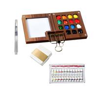 FDJC Set di Acquerelli Mini A 15 Griglie, Kit da Viaggio in Noce con Tavolozza Pieghevole in Legno, Blocco da Disegno, Pennello, 5 Pezzi