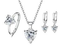 fdsmall Set di gioielli per le donne Glamour Teardrop Zirconia cubica ciondolo collana cerchio orecchini tennis set di anelli aperti gioielli regali di nozze (White)