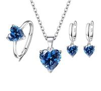 fdsmall Set di gioielli per le donne Glamour Teardrop Zirconia cubica ciondolo collana cerchio orecchini tennis set di anelli aperti gioielli regali di nozze (Blue)