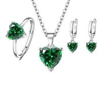 fdsmall Set di gioielli per le donne Glamour Teardrop Zirconia cubica ciondolo collana cerchio orecchini tennis set di anelli aperti gioielli regali di nozze (Green)