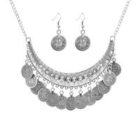 fdsmall Set di gioielli per le donne Orecchini Collana Clavicle Pendente Set Moneta Vintage Pendente Boho Etnico Stile Nazionale Costume Festivals Dichiarazione Doganale Regali (Silver)