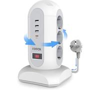 FDTEK Ciabatta Multipresa Verticale Torretta Multipresa da Scrivania con 3 USB-A & 1 Tipo-C e 9 Spina Tedesca, Prese Multiple Elettriche con Interruttore, Cavo Retrattile da 1,65 mt,Bianco 2500W/10A