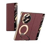 FDUJINH Custodia per Huawei Mate X6, Flip Smart Specchio View Magnetica Cover in Vera Pelle con Anello Supporto Galvanizzazione Protezione Caso,Rosso,Mate X6