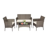 FDW Set di 4 mobili da patio in vimini con sedia in rattan, divanetti, tavolino da caffè, per esterni, interni, giardino, cortile, portico, piscina, balcone, vimini grigio/cuscini cachi