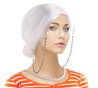 Feacole Set costume da vecchia signora, parrucca da nonna, cuffia per parrucca, occhiali Madea Granny, catena di fissaggio per occhiali, collana di perle (5 pezzi), Bun Bianco, taglia unica