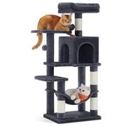 Feandrea Albero per Gatti, 112 cm, 4 Pali Graffiatoi, a Più Livelli | Tiragraffi, 2 Posatoi, 1 Grotta, 1 Amaca, 2 Pompon, in Peluche, Grigio Scuro, Collezione CLAWFY PCT261G01