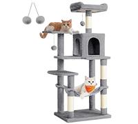 Feandrea Albero per Gatti Alto 143 cm, Tiragraffi per Gatti, con 4 Pali Graffiatoi, 2 Posatoi, 1 Grotta, 1 Amaca, 2 Pompon, in Peluche a Più Livelli, Grigio Chiaro PCT161W01
