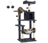 Feandrea Albero per Gatti, 143 cm, 4 Pali Graffiatoi, a Più Livelli | Tiragraffi, 2 Posatoi, 1 Grotta, 1 Amaca, 2 Pompon, in Peluche, Grigio Scuro, Collezione CLAWFY PCT161G01