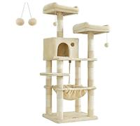 Feandrea Albero per Gatti Alto 143 cm, Tiragraffi per Gatti, con 11 Pali Graffiatoi, 2 Posatoi, 1 Grotta, 1 Amaca, 2 Pompon, in Peluche a Più Livelli, Beige PCT15BE