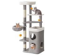 Feandrea Albero per Gatti Alto 152 cm, Tiragraffi per Gatti a Più Livelli con 2 Grotte Ampie, un’Amaca, 3 Colonne Graffiatoio, 3 Piattaforme, Grigio Tortora PCT007G01