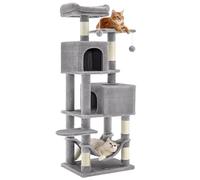 Feandrea Albero per Gatti Alto 155 cm, Tiragraffi per Gatti con 5 Pali Graffiatoi, 2 Posatoi, 2 Grotte, Amaca, 2 Pompon, in Peluche a Più Livelli, Grigio Chiaro PCT192W01V1