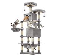 Feandrea Albero per Gatti, Alto 168 cm, Tiragraffi per Gatti con 13 Graffiatoi, 2 Posatoi, 2 Grotte, Cesto, Amaca, Pompon, in Peluche a Più Livelli per Interno, Grigio Chiaro PCT165W01V1