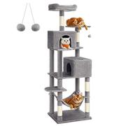 Feandrea Albero per Gatti Alto 182.1 cm, in Peluche a Più Livelli | Tiragraffi con 5 Pali Graffiatoi, 2 Posatoi, 2 Grotte, Amaca, 2 Pompon, Grigio Tortora, Collezione CLAWFY PCT191W01