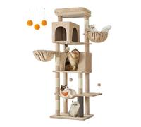 Feandrea Albero per Gatti Grande, Torre Tiragraffi Alto 175 cm, Multilivelli con 2 Grotte, 2 Cestini, 5 Graffiatoi, Autospazzola, Trespolo, Amaca, Marrone Cammello PCT182K01