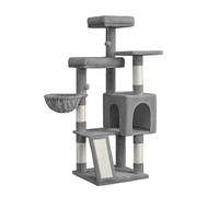 Feandrea Albero per Gatti, Tiragraffi per Gatti, Torre con Pali e Rampe per Graffiare, 3 Grandi Piattaforme, 1 Grotta, 1 Amaca, 2 Pompon, Altezza 136 cm, Grigio Piccione/Grigio Scuro/Beige Sabbia