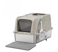 Feandrea Lettiera per Gatti in Acciaio Inox con Coperchio Ribaltabile, Lettiera XL, Antigoccia, Paletta, Spazzola, Doppio Ingresso, Portata Massima 15kg, Grigio Tortora/Beige Cappuccino