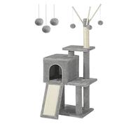 FEANDREA Tiragraffi per Gatti, Albero per Gatti, Grotta per Gattini Micini, Diversi Livelli di Peluche, 42 x 32 x 118 cm, Graffitoio, 3 Bastoncini Pompom Rimovibili, Grigio Chiaro PCT143W01