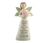 Feather & Grace Statuetta di Angelo con Cuore Rosa, Ornamento in Resina Artigianale con Messaggio ispiratore, Regalo da Collezione autoportante, 14 cm