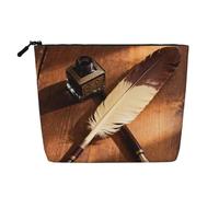Feather Ink Bottle Faux Linen Makeup Pouch-Lightweight Travel Case